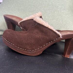 Brown Shearling-Lined Suede Mule Heels